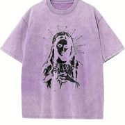 Catholic Icon Guadalupe and Sacred Heart Vintage Washed T-Shirt in Purple
