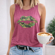 Camo Lips Crew-neck Sleeveless Vest Outdoor Women's Color Cotton Tank Top in Red