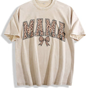 Leopard Mama Retro Bow Mama Vintage Washed T-Shirt in Beige