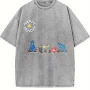 Sea Animals Embroidered Vintage Washed T-Shirt in Gray