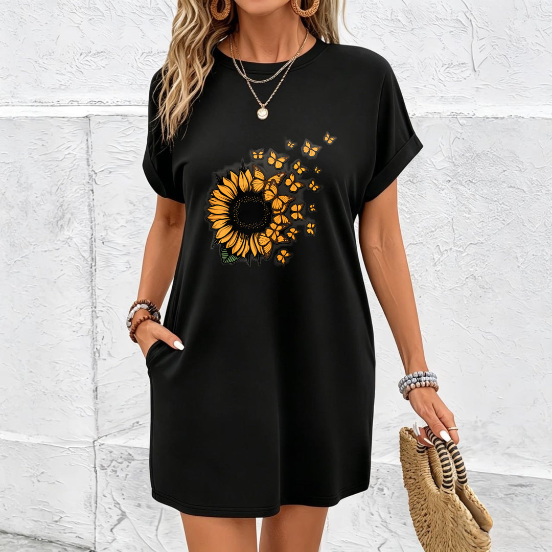 Sunflower Tank Dress with Pockets Cotton T-Shirt in Black