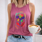 Colorful Flower Abstract Art Crew-neck Sleeveless Vest Women's Color Cotton Tank Top in Red