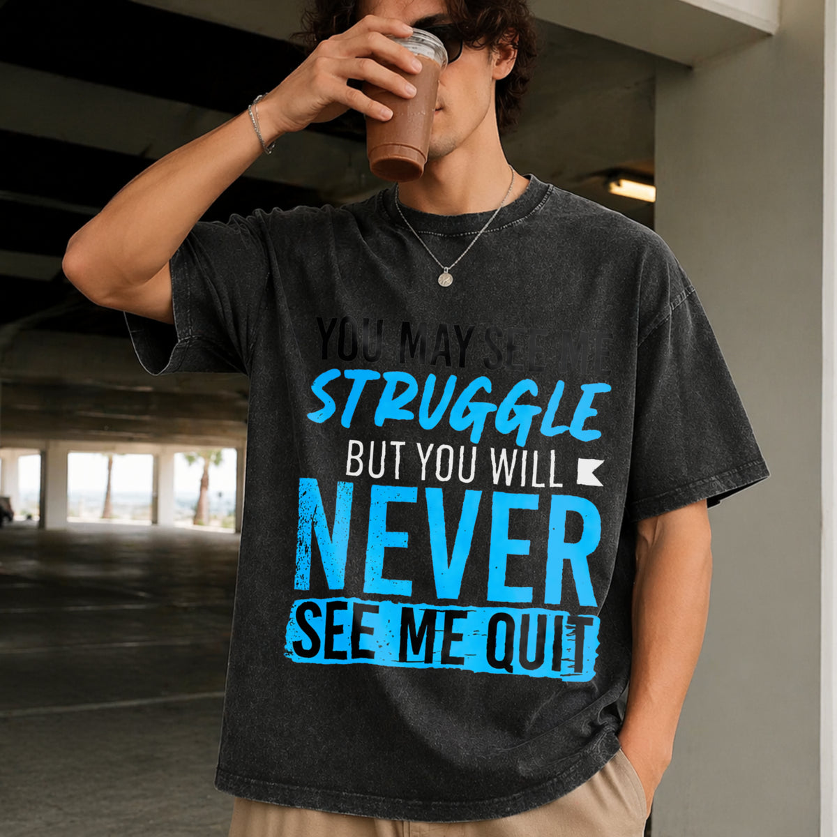 Never Give Up Vintage Washed T-Shirt in Black