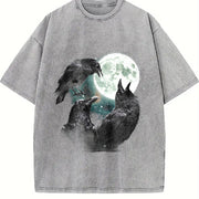 Raven Howling to Moon Vintage Washed T-Shirt in Gray
