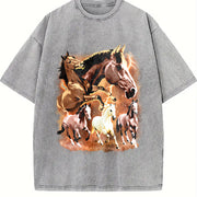 Wild Horses Retro Western Cowboy Vintage Washed T-Shirt in Gray