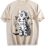 Speak Up Cat Vintage Washed T-Shirt in Beige