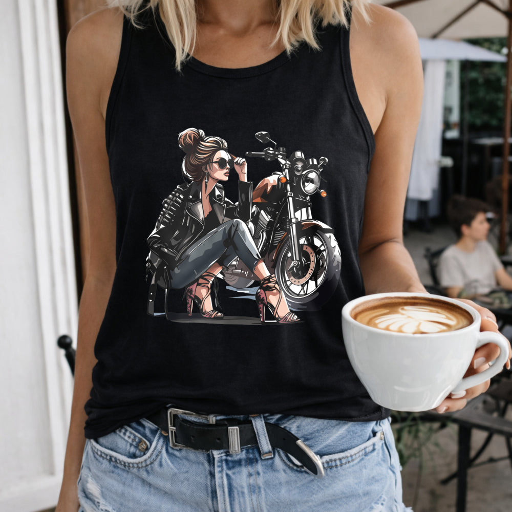 Biker Woman and Motorcycle Women's Color Cotton Tank Top in Black
