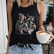 Biker Girl on Motorcycle Crew-neck Sleeveless Vest Outdoor Women's Color Cotton Tank Top in Black