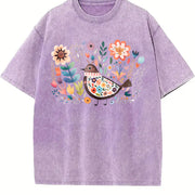 Short-sleeve with a Mexican and Bohemian Vintage Washed T-Shirt in Purple
