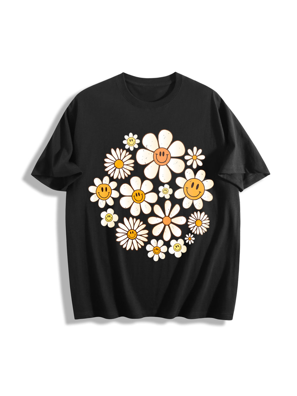 Retro Flowers Daisy Flower Cotton T-Shirt in Black