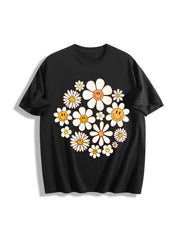 Retro Flowers Daisy Flower Cotton T-Shirt in Black