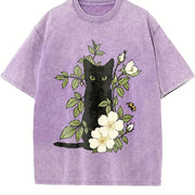 Animal Floral Cat 1pc Vintage Washed T-Shirt in Purple