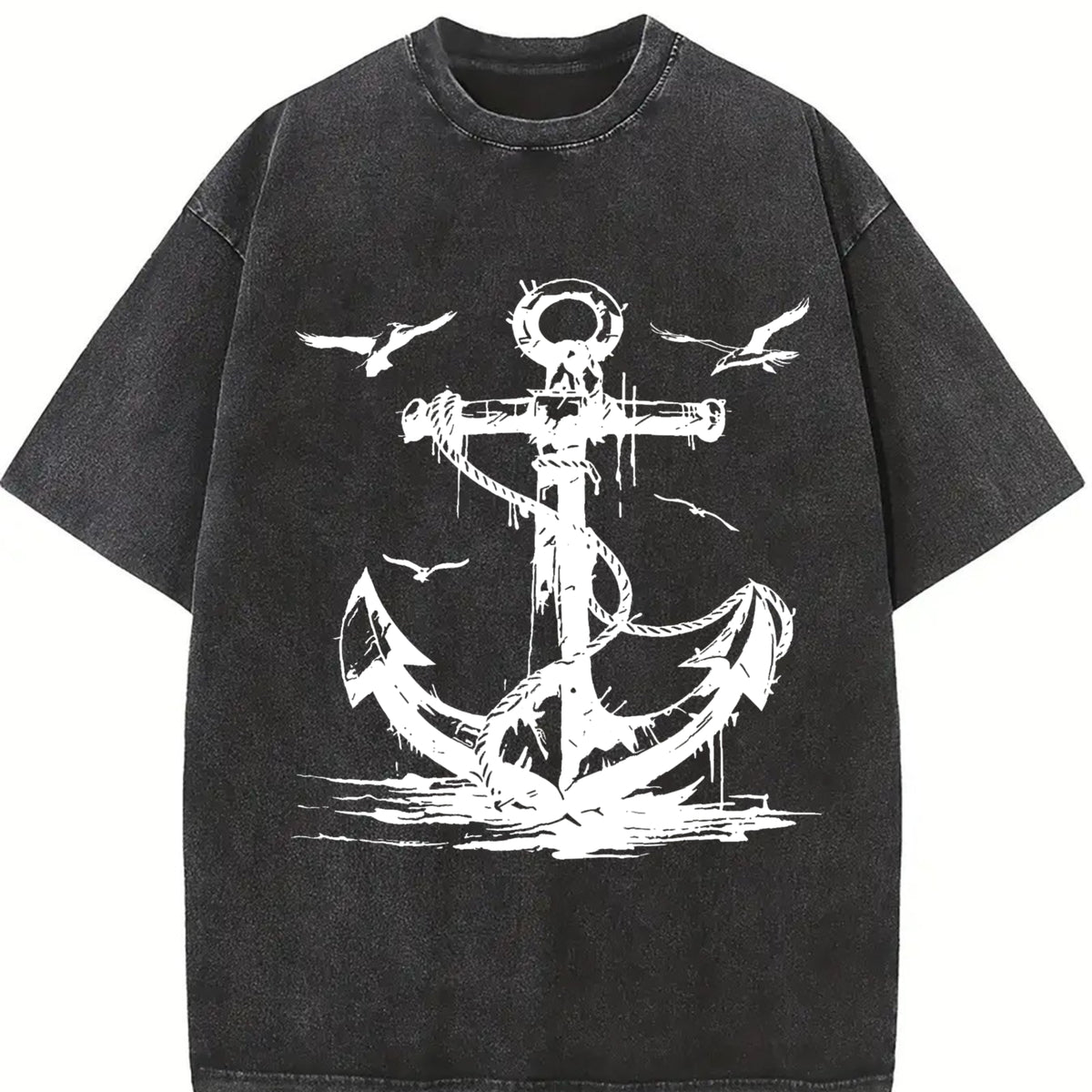 Anchor & Seagull Tank Vintage Washed T-Shirt in Black