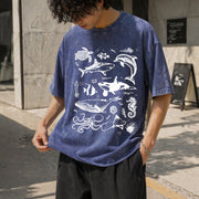 Sea Animal Tattoo Vintage Washed T-Shirt in Blue