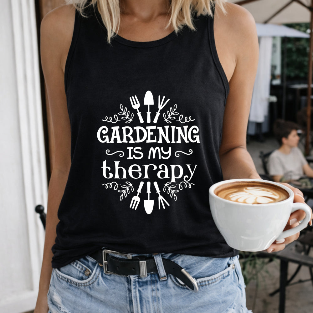 Gardening Is My Therapy Women's Color Cotton Tank Top in Black