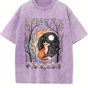 Sister Autumn Dead Tree Flowers Night Fox Appreciation Vintage Washed T-Shirt in Purple