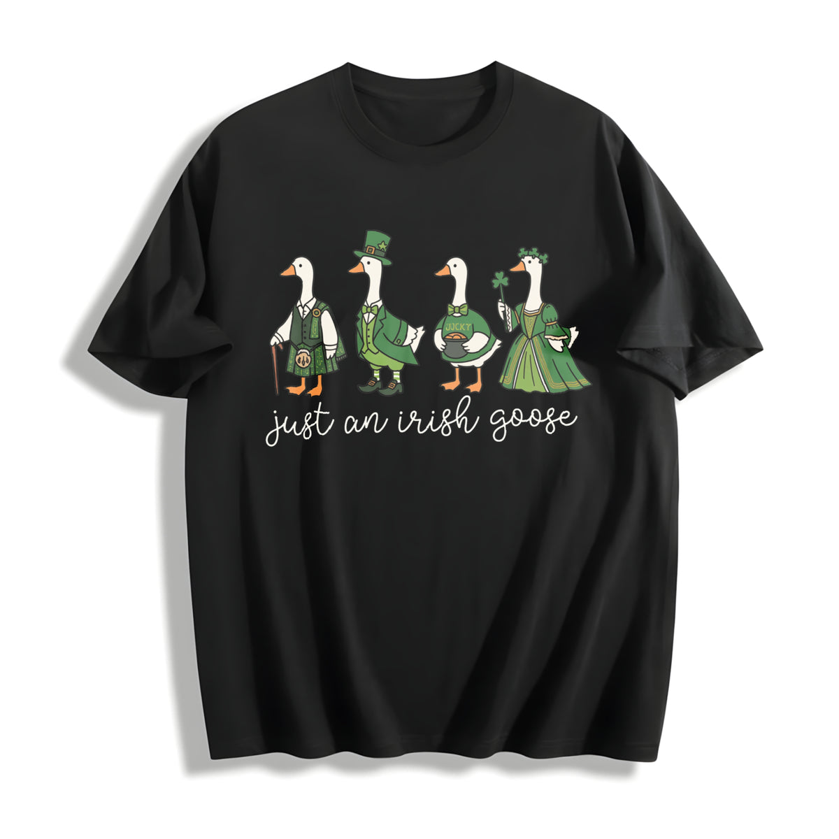 Goose St Patrick's Day Silly Irish Goose Four Leaf Clover Cotton T-Shirt in Black