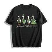 Goose St Patrick's Day Silly Irish Goose Four Leaf Clover Cotton T-Shirt in Black