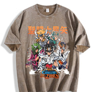 Saint Seiya short-sleeved classic nostalgic Japanese vintage washed oversized T-shirt in Brown