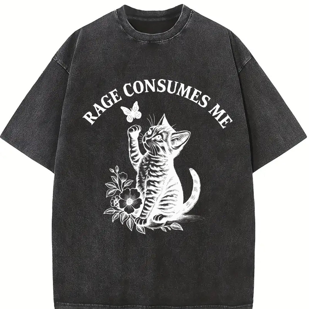 Rage Consumes Me Cat Vintage Washed T-Shirt in Black