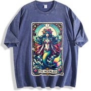 Tarot Skeleton Mermaid Tarot Card Skull Dog Mom Tarot Cat vintage washed oversized T-shirt in Blue