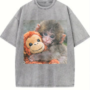 Cat with Monkey Plush Vintage Washed T-Shirt in Gray