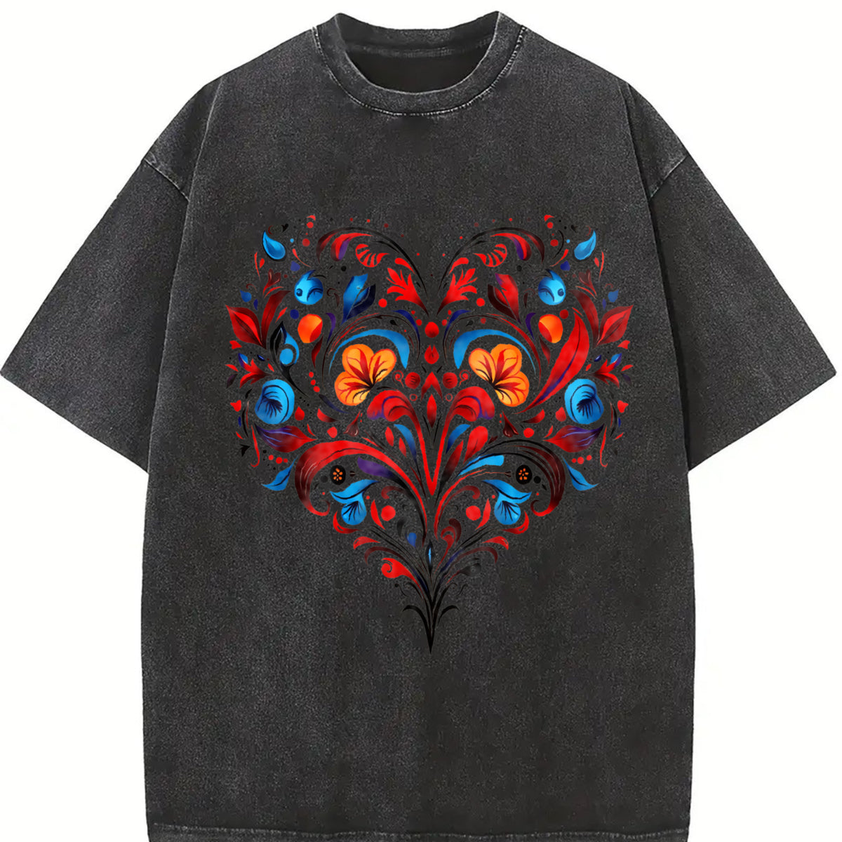 Bohemian Folk Art Heart & Leaf Vintage Washed T-Shirt in Black