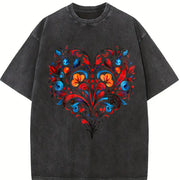 Bohemian Folk Art Heart & Leaf Vintage Washed T-Shirt in Black