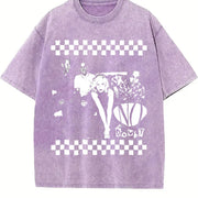 Black and White Checkerboard Band Vintage Washed T-Shirt in Purple