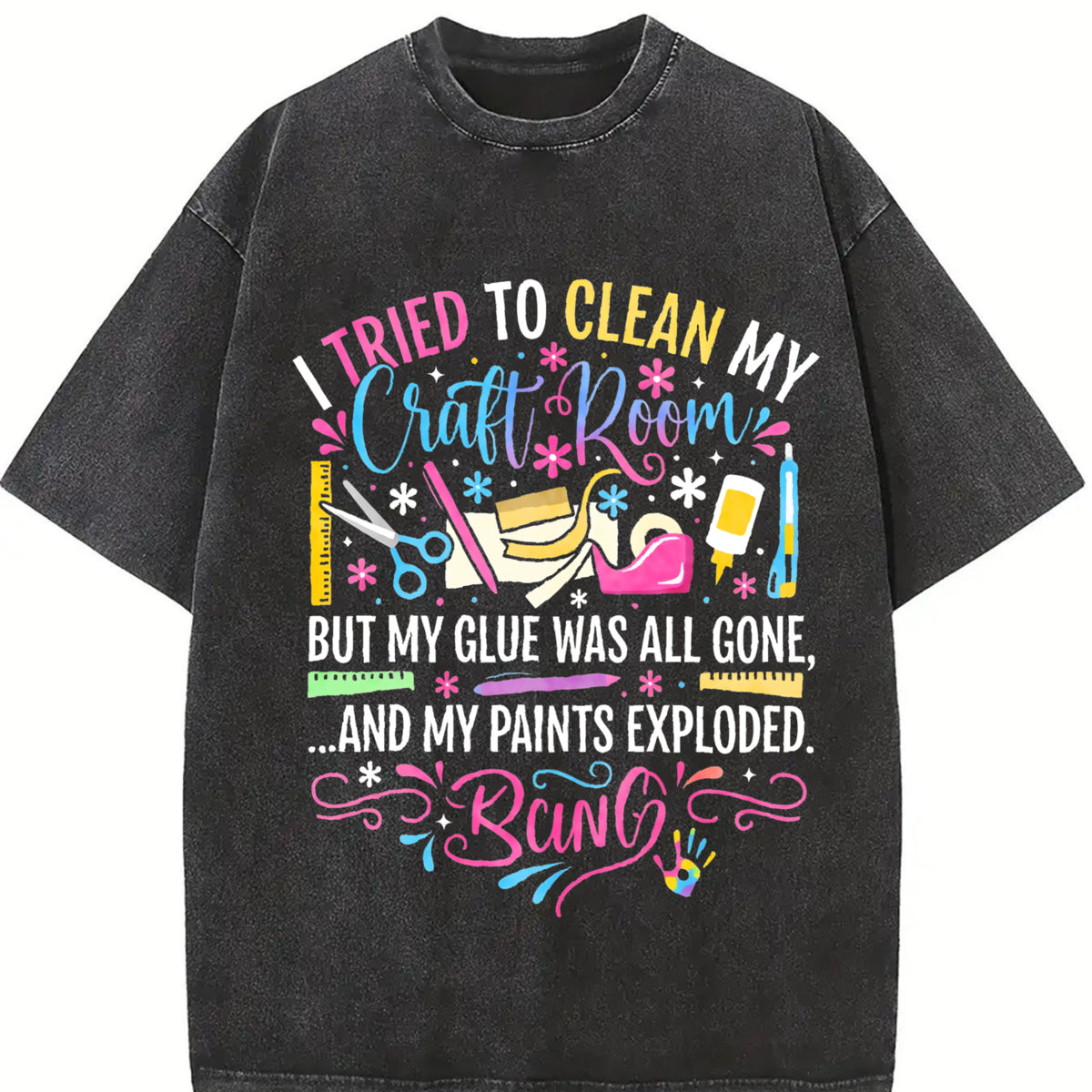 Craft Chaos Queen Glue & Paint Explosion Slogan Vintage Washed T-Shirt in Black