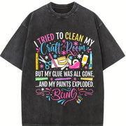 Craft Chaos Queen Glue & Paint Explosion Slogan Vintage Washed T-Shirt in Black