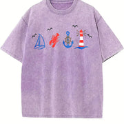 Coastal Nautical Embroidered Vintage Washed T-Shirt in Purple