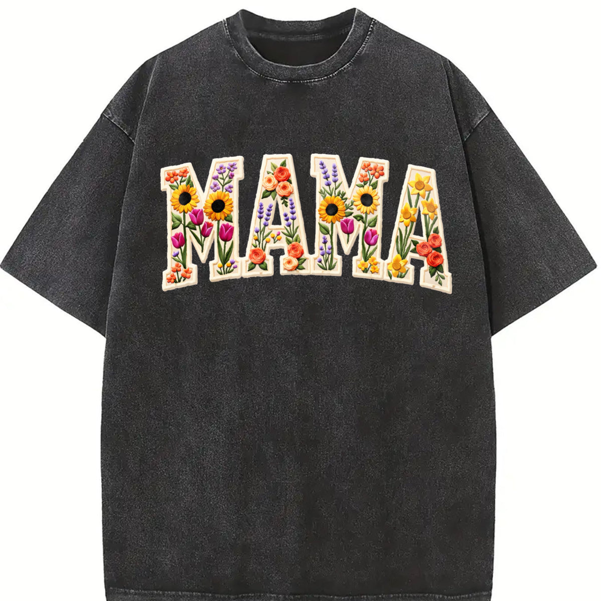 Mama Patchwork Flower Vintage Washed T-Shirt in Black