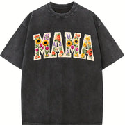 Mama Patchwork Flower Vintage Washed T-Shirt in Black