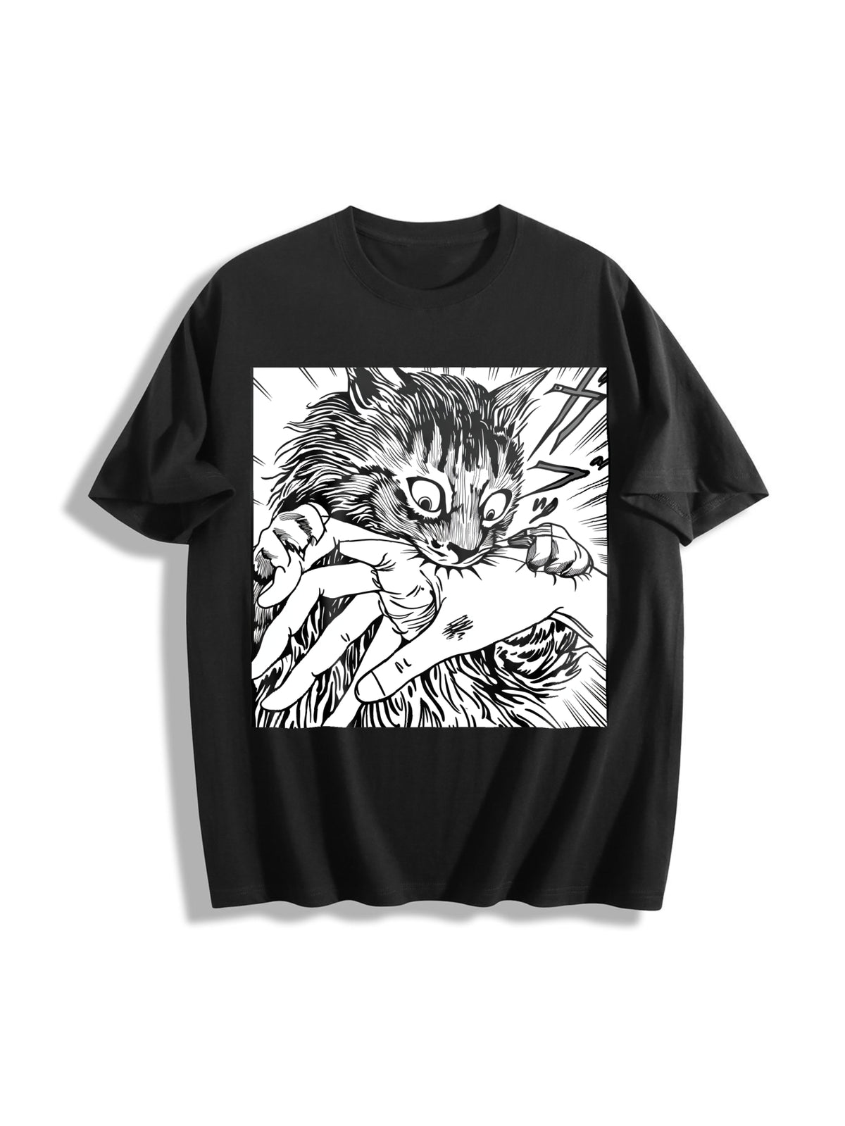 Cat Bite Japanese Horror Anime Cotton T-Shirt in Black