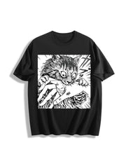 Cat Bite Japanese Horror Anime Cotton T-Shirt in Black