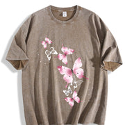 With Pink Butterfly Vintage Washed T-Shirt in Brown