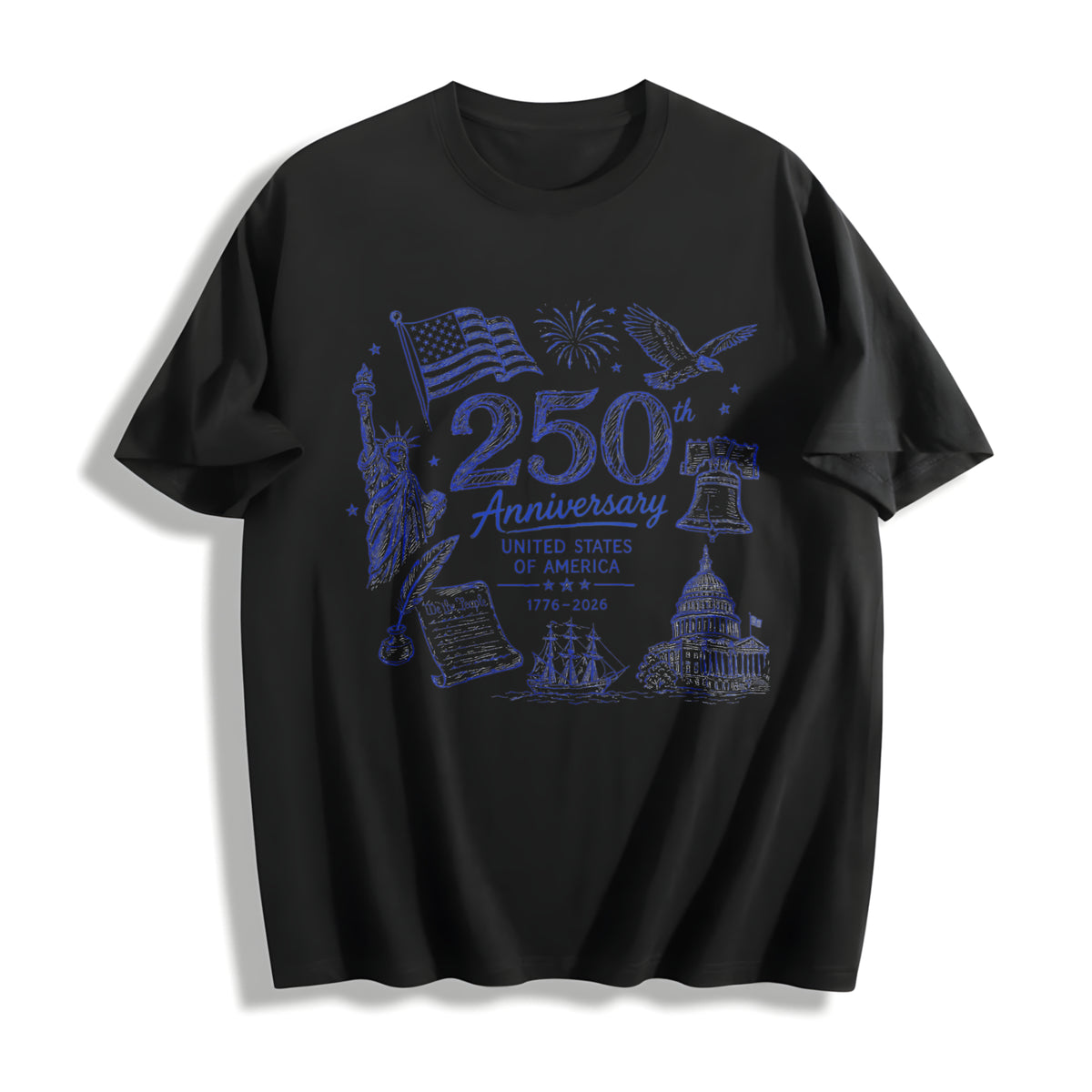 250th Anniversary USA Patriotic America 1776 2026 Fourth Cotton T-Shirt in Black