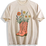 Cowgirl Boots Wildflowers Retro Western Country Girl vintage washed oversized T-shirt in Beige