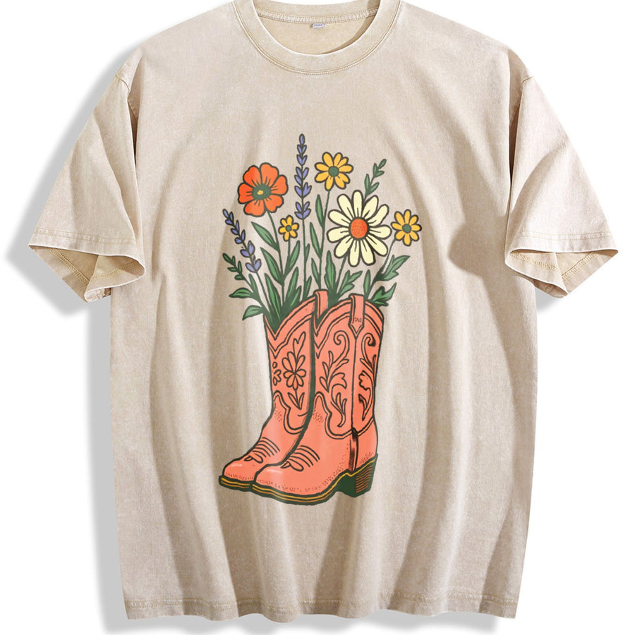 Cowgirl Boots Wildflowers Retro Western Country Girl vintage washed oversized T-shirt in Beige