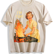 I’m Fine Retro Housewife Vintage Washed T-Shirt in Beige