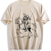 Retro Skeleton Riding Horse 90s Vintage Washed T-Shirt in Beige