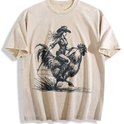 Retro Cowgirl Riding Chicken 90s Vintage Washed T-Shirt in Beige