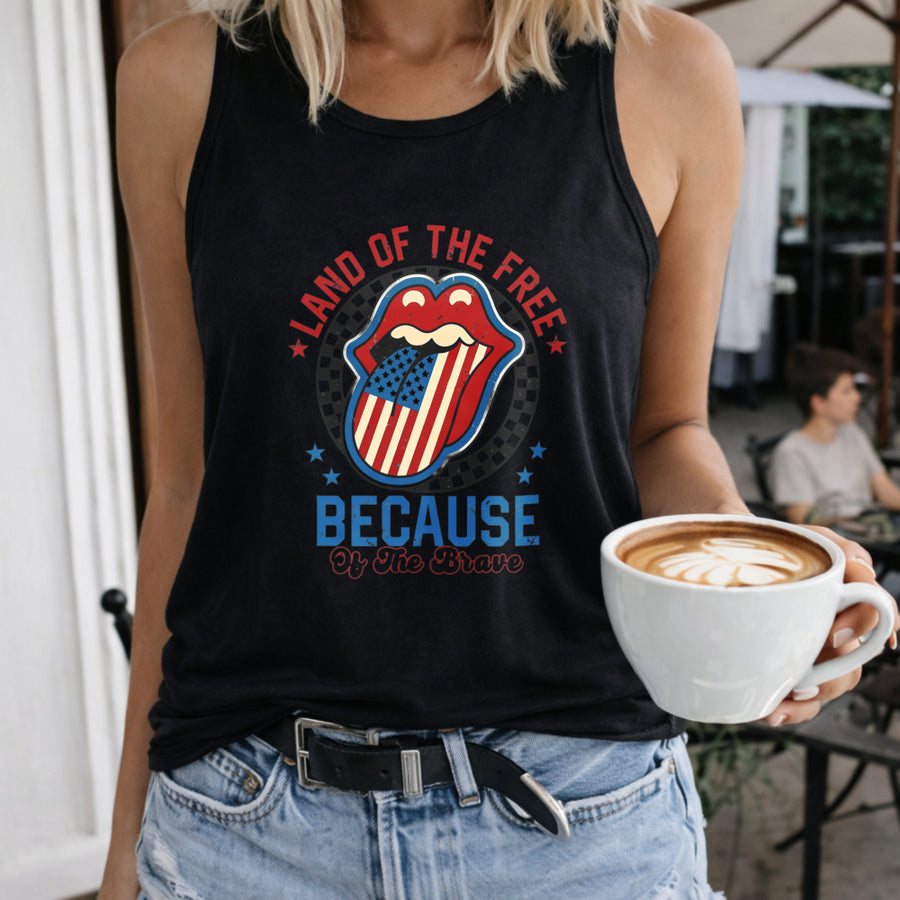 Land of the Free Because of the Brave Women's Color Cotton Tank Top in Black