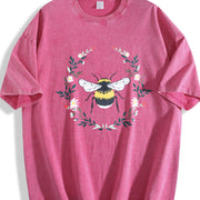 Wildflower Bee Embroidered Vintage Washed T-Shirt in Red