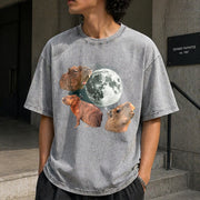 Capybara Moon Retro Meme Moon Vintage Washed T-Shirt in Gray