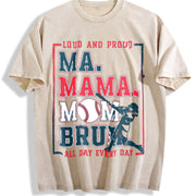 Loose 90S Retro MAMA Mommom BRU and Bat Vintage Washed T-Shirt in Beige