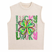 Lucky Shamrock St Patrick’s Day Vintage Washed Tank Top in Beige