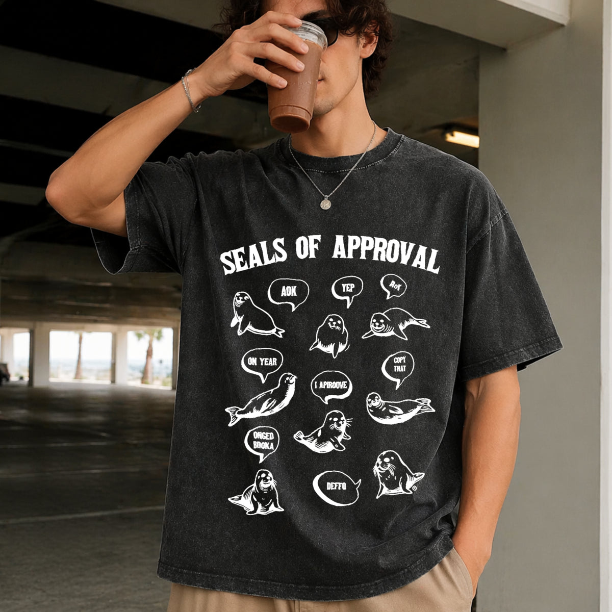 Seals of Approval Meme Vintage Washed T-Shirt in Black
