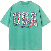 Floral USA Retro America Vintage Washed T-Shirt in Blue